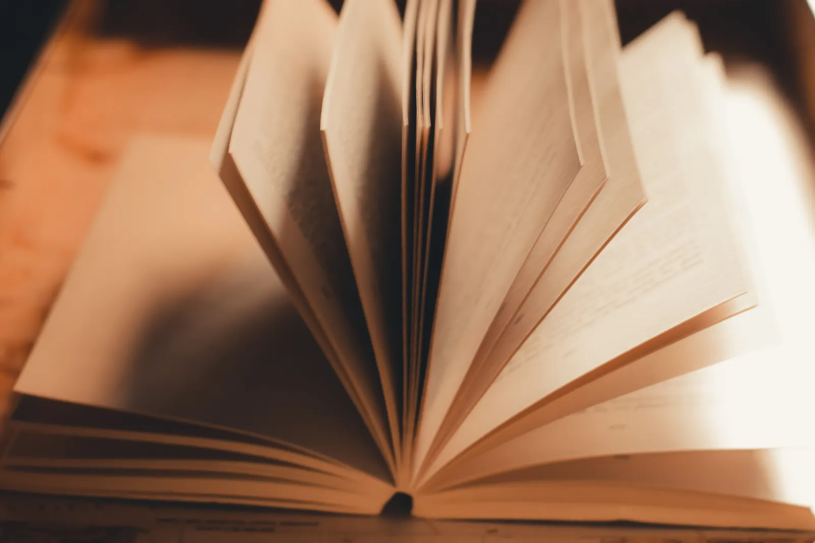 Pages of an open book turning in warm light